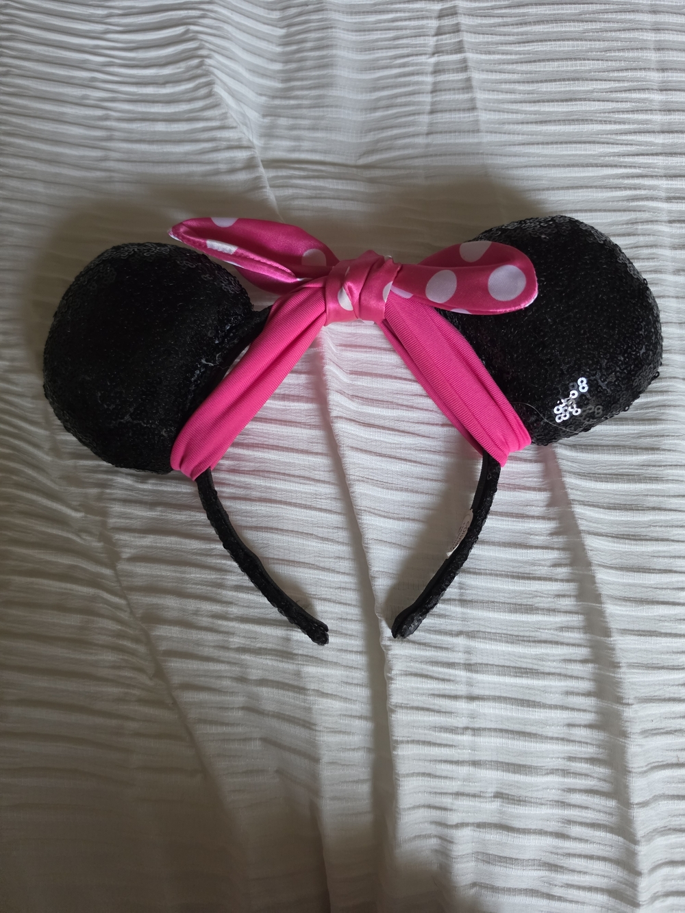Pink Polka Dot Minnie Ear Headband with Black Sequin Ears